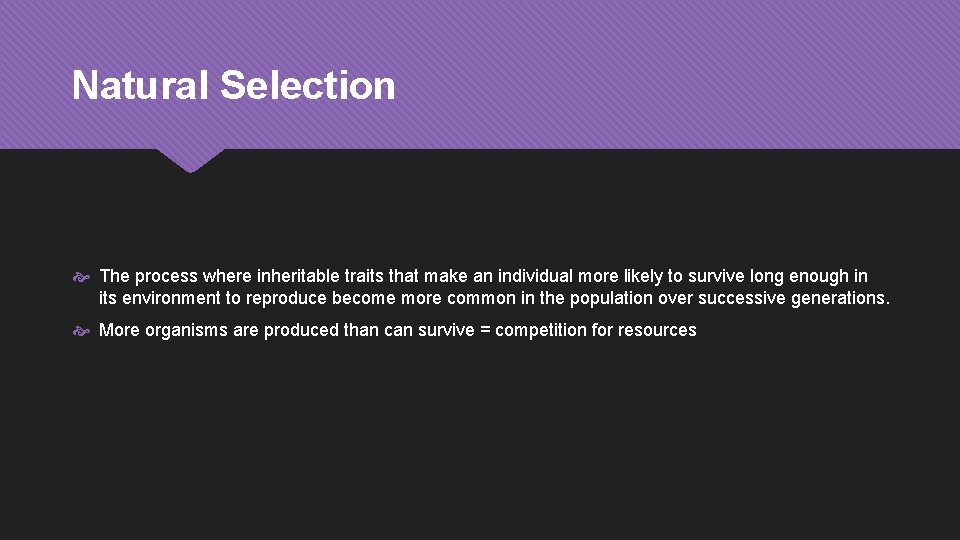Natural Selection The process where inheritable traits that make an individual more likely to