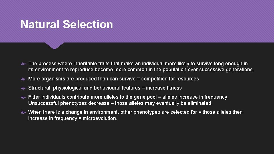 Natural Selection The process where inheritable traits that make an individual more likely to