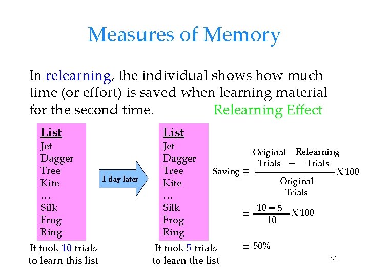 Measures of Memory In relearning, the individual shows how much time (or effort) is