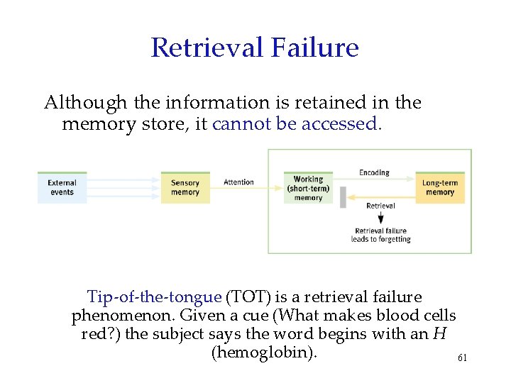 Retrieval Failure Although the information is retained in the memory store, it cannot be