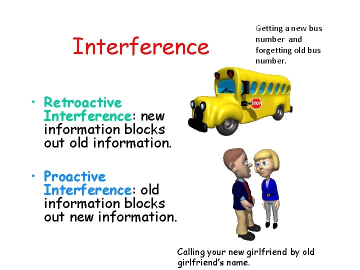 Interference Getting a new bus number and forgetting old bus number. • Retroactive Interference: