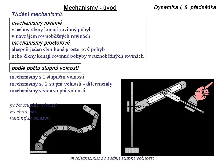 Mechanismy - úvod Dynamika I, 8. přednáška Třídění mechanismů. mechanismy rovinné všechny členy konají