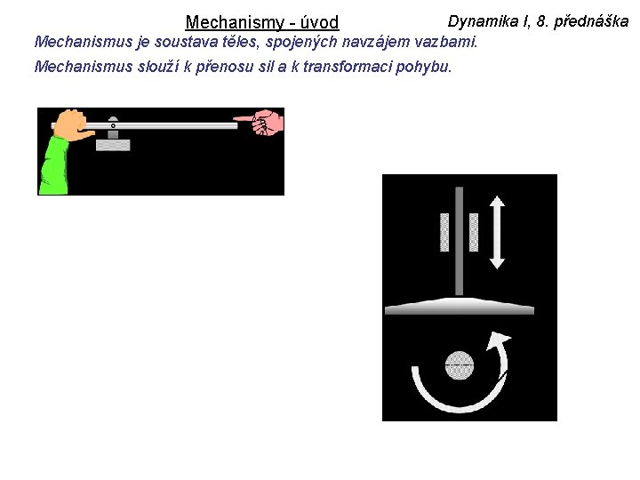 Dynamika I, 8. přednáška Mechanismus je soustava těles, spojených navzájem vazbami. Mechanismy - úvod