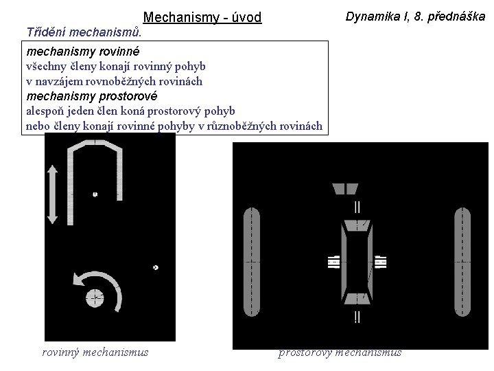 Dynamika I, 8. přednáška Mechanismy - úvod Třídění mechanismů. mechanismy rovinné všechny členy konají