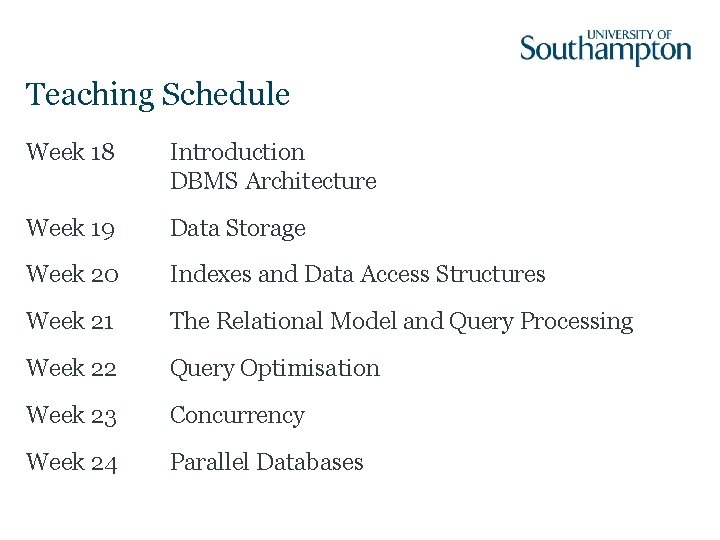 Teaching Schedule Week 18 Introduction DBMS Architecture Week 19 Data Storage Week 20 Indexes