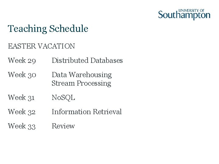 Teaching Schedule EASTER VACATION Week 29 Distributed Databases Week 30 Data Warehousing Stream Processing
