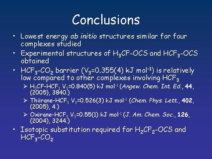 Conclusions • Lowest energy ab initio structures similar four complexes studied • Experimental structures