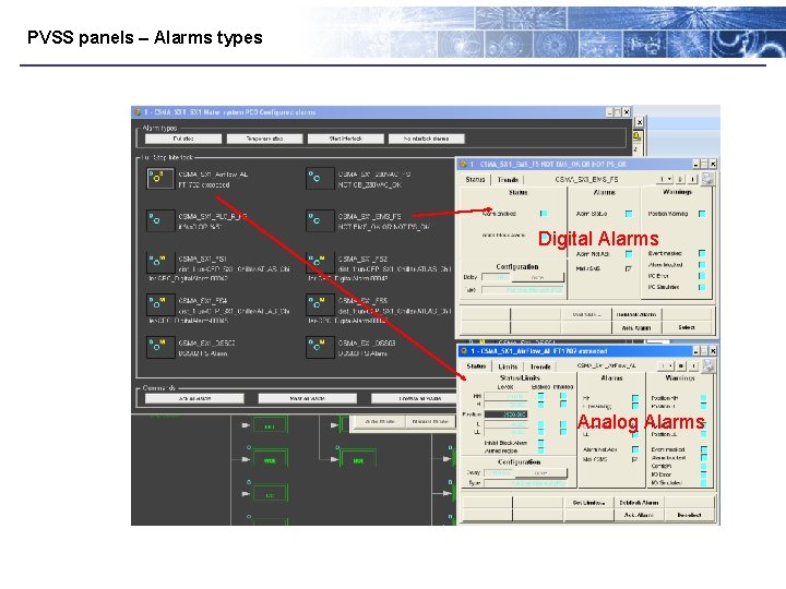 PVSS panels – Alarms types Digital Alarms Analog Alarms 
