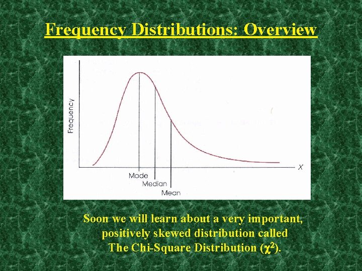 Frequency Distributions: Overview Soon we will learn about a very important, positively skewed distribution