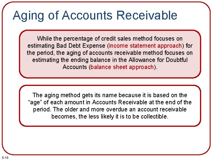 Aging of Accounts Receivable While the percentage of credit sales method focuses on estimating