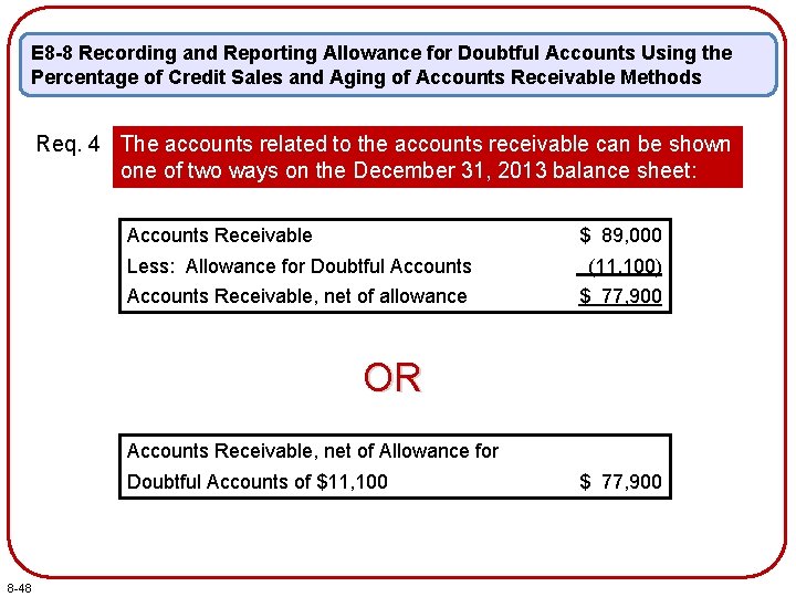 E 8 -8 Recording and Reporting Allowance for Doubtful Accounts Using the Percentage of