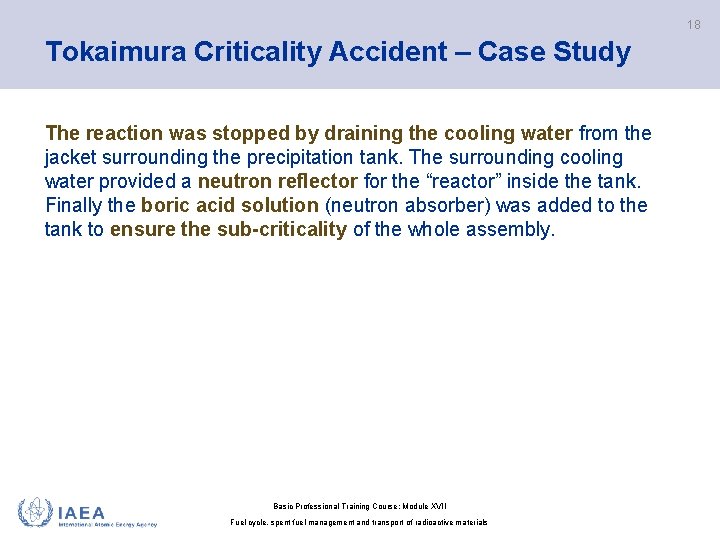 18 Tokaimura Criticality Accident – Case Study The reaction was stopped by draining the