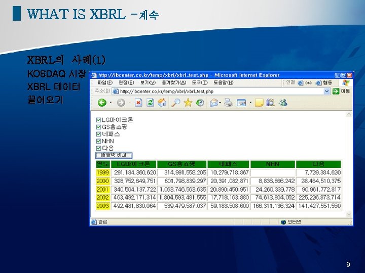 WHAT IS XBRL -계속 XBRL의 사례(1) KOSDAQ 시장 XBRL 데이터 끌어오기 9 