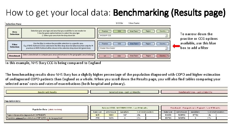 How to get your local data: Benchmarking (Results page) To narrow down the practice