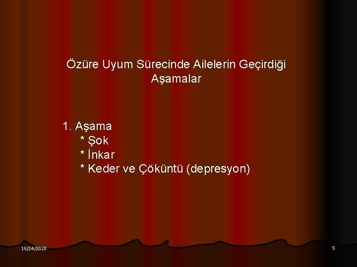 Özüre Uyum Sürecinde Ailelerin Geçirdiği Aşamalar 1. Aşama * Şok * İnkar * Keder