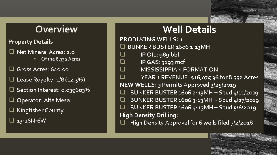 Overview Property Details q Net Mineral Acres: 2. 0 § Of the 8. 332