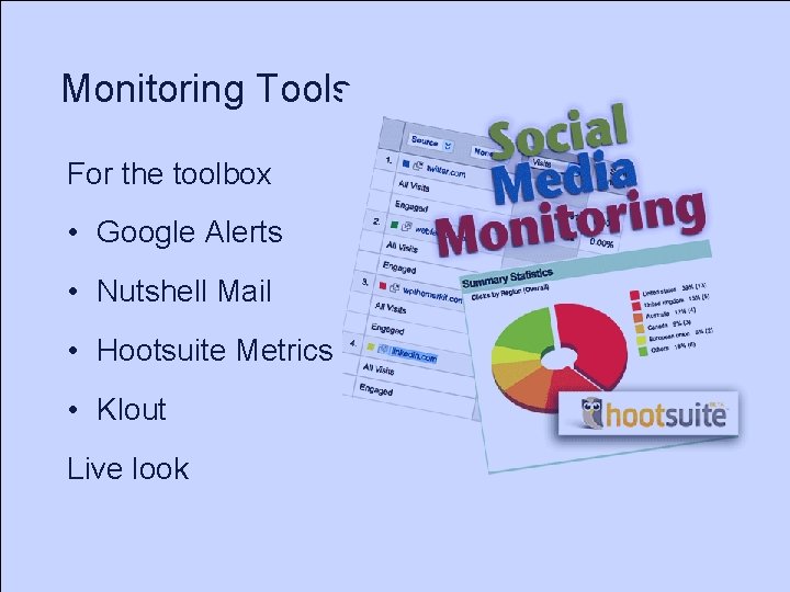 Monitoring Tools For the toolbox • Google Alerts • Nutshell Mail • Hootsuite Metrics