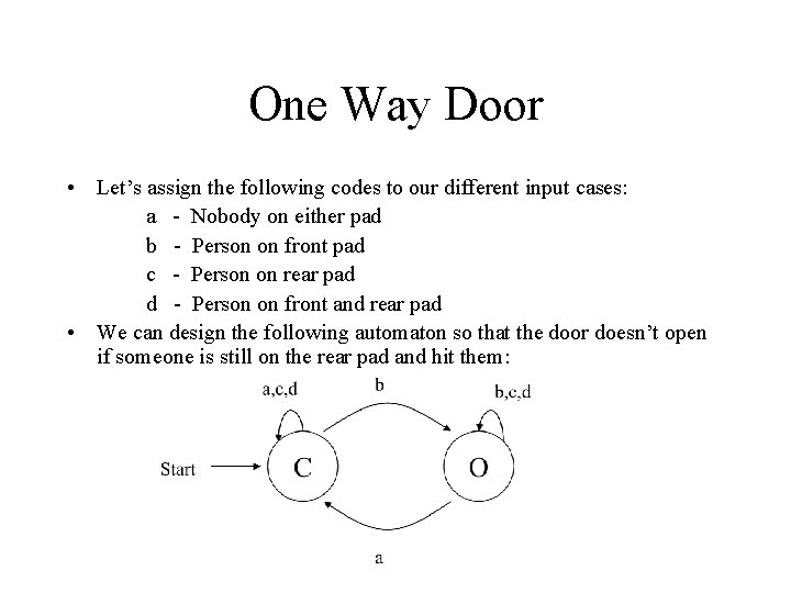 One Way Door • Let’s assign the following codes to our different input cases: