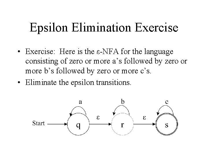 Epsilon Elimination Exercise • Exercise: Here is the ε-NFA for the language consisting of