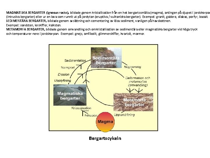 MAGMATISKA BERGARTER (Igneous rocks), bildade genom kristallisation från en het bergartssmälta (magma), antingen på