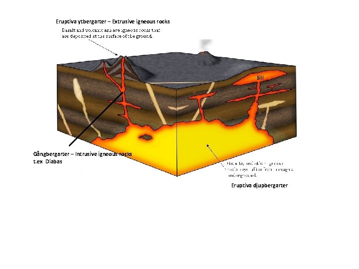 Eruptiva ytbergarter – Extrusive igneous rocks Sill Gångbergarter – Intrusive igneous rocks t. ex