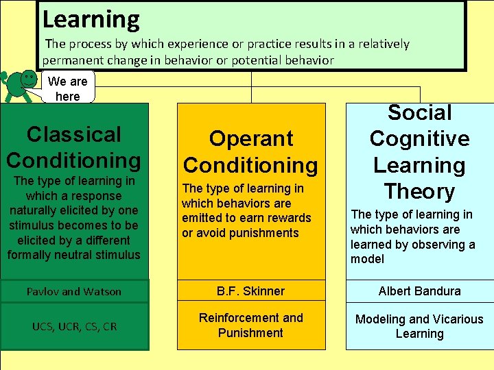 Learning The process by which experience or practice results in a relatively permanent change