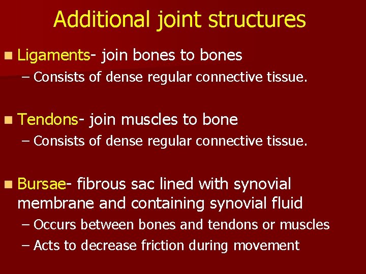 Additional joint structures n Ligaments- join bones to bones – Consists of dense regular
