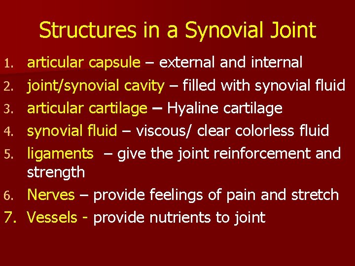 Structures in a Synovial Joint 1. 2. 3. 4. 5. 6. 7. articular capsule