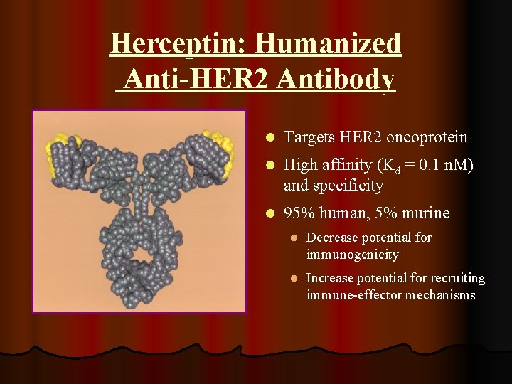 Herceptin: Humanized Anti-HER 2 Antibody l Targets HER 2 oncoprotein l High affinity (Kd