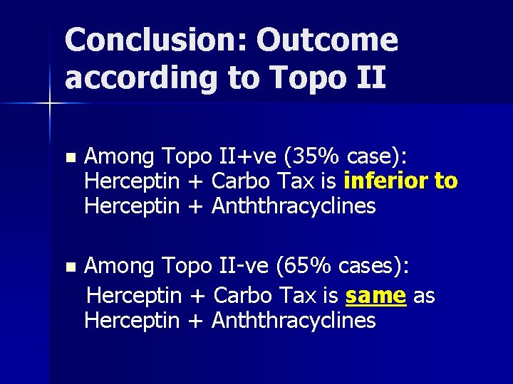 Conclusion: Outcome according to Topo II n Among Topo II+ve (35% case): Herceptin +