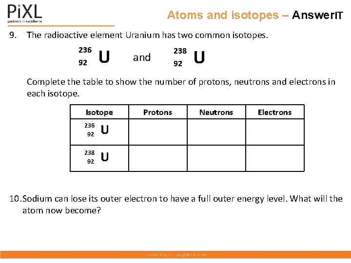 Atoms and isotopes – Answer. IT 9. The radioactive element Uranium has two common