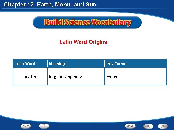 Chapter 12 Earth, Moon, and Sun Latin Word Origins Latin Word crater Meaning Key