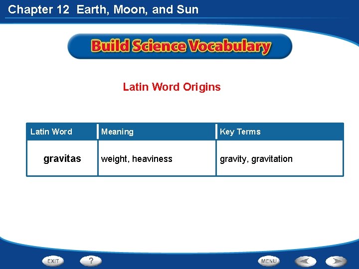 Chapter 12 Earth, Moon, and Sun Latin Word Origins Latin Word gravitas Meaning Key