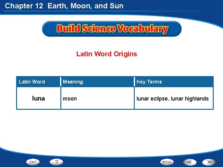 Chapter 12 Earth, Moon, and Sun Latin Word Origins Latin Word luna Meaning Key