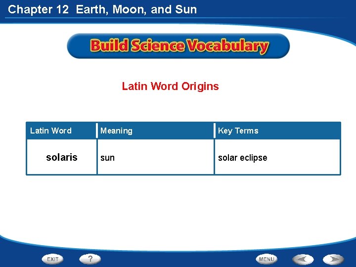 Chapter 12 Earth, Moon, and Sun Latin Word Origins Latin Word solaris Meaning Key