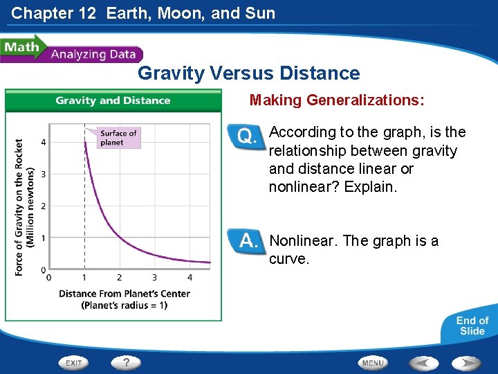 Chapter 12 Earth, Moon, and Sun Gravity Versus Distance Making Generalizations: According to the