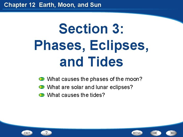 Chapter 12 Earth, Moon, and Sun Section 3: Phases, Eclipses, and Tides What causes