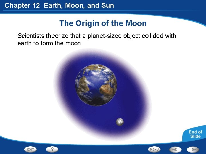 Chapter 12 Earth, Moon, and Sun The Origin of the Moon Scientists theorize that