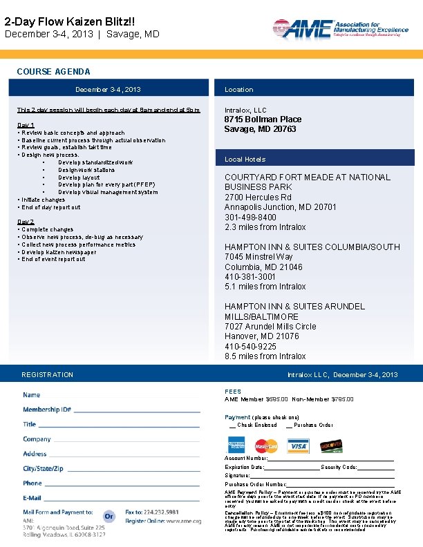2 -Day Flow Kaizen Blitz!! December 3 -4, 2013 | Savage, MD COURSE AGENDA