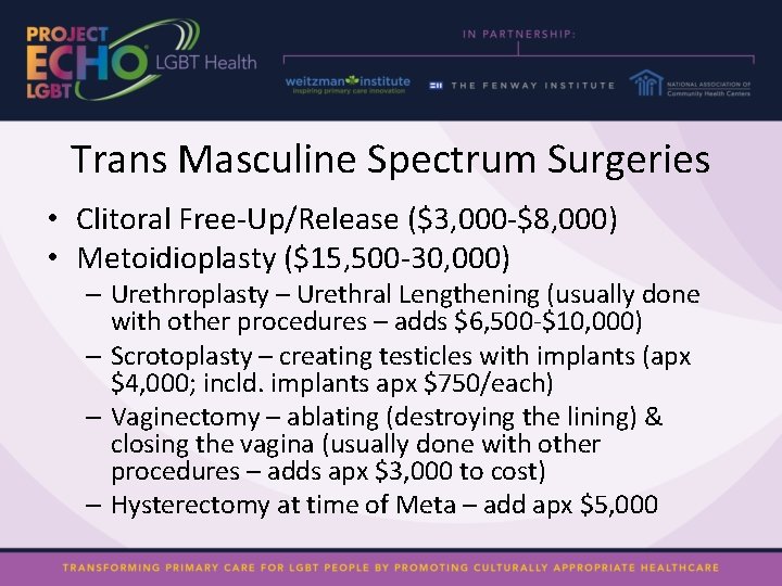 Trans Masculine Spectrum Surgeries • Clitoral Free-Up/Release ($3, 000 -$8, 000) • Metoidioplasty ($15,