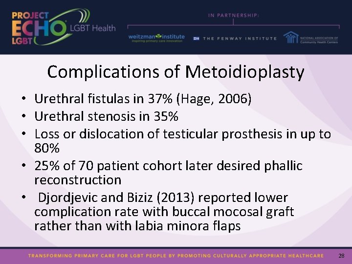 Complications of Metoidioplasty • Urethral fistulas in 37% (Hage, 2006) • Urethral stenosis in