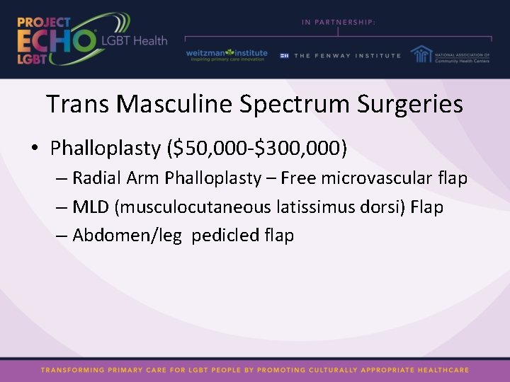 Trans Masculine Spectrum Surgeries • Phalloplasty ($50, 000 -$300, 000) – Radial Arm Phalloplasty