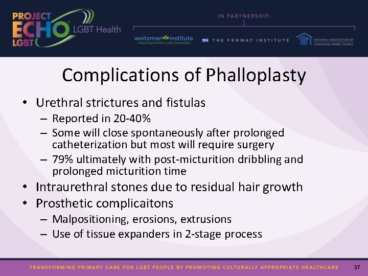 Complications of Phalloplasty • Urethral strictures and fistulas – Reported in 20 -40% –