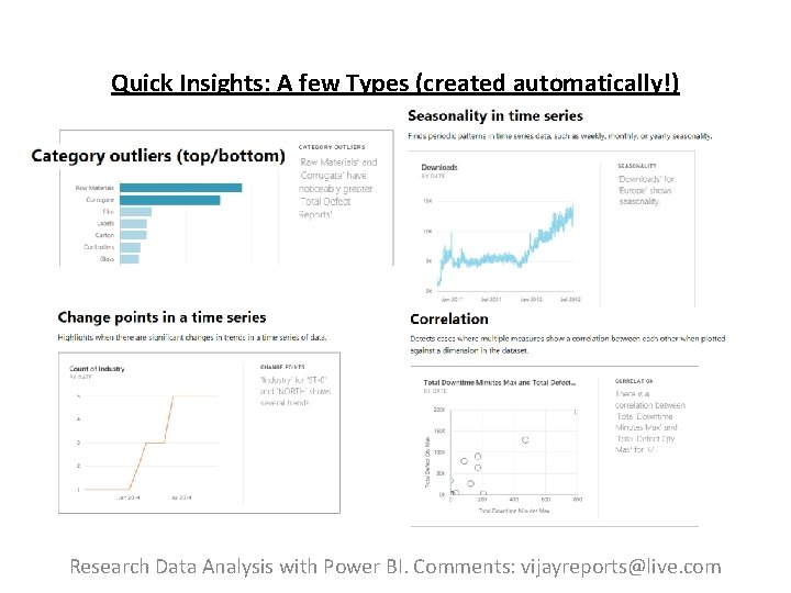 Quick Insights: A few Types (created automatically!) Research Data Analysis with Power BI. Comments: