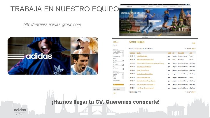 TRABAJA EN NUESTRO EQUIPO http: //careers. adidas-group. com ¡Haznos llegar tu CV. Queremos conocerte!