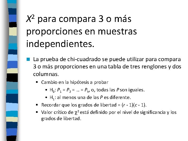 X 2 para compara 3 o más proporciones en muestras independientes. n La prueba