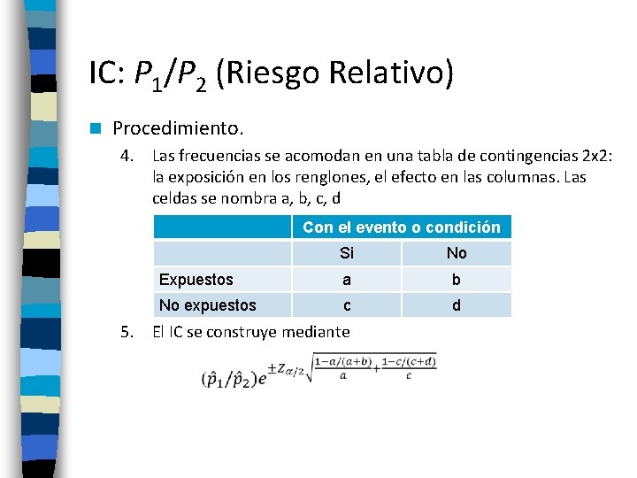 IC: P 1/P 2 (Riesgo Relativo) n Procedimiento. 4. Las frecuencias se acomodan en
