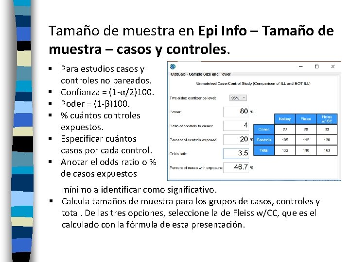 Tamaño de muestra en Epi Info – Tamaño de muestra – casos y controles.