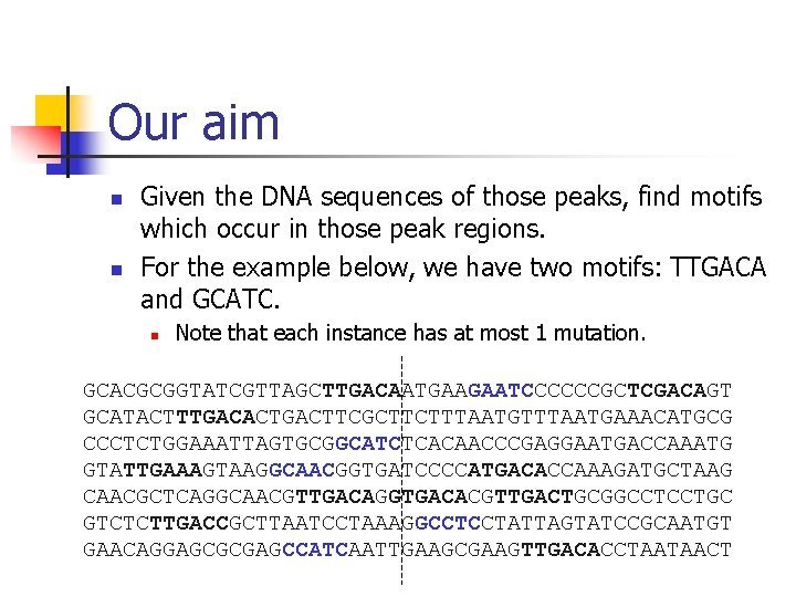 Our aim n n Given the DNA sequences of those peaks, find motifs which