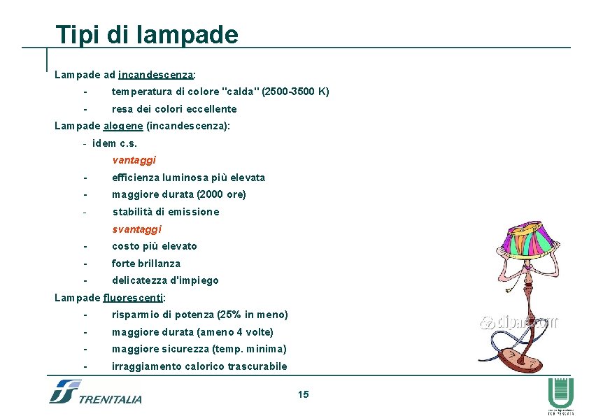 Tipi di lampade Lampade ad incandescenza: - temperatura di colore "calda" (2500 -3500 K)